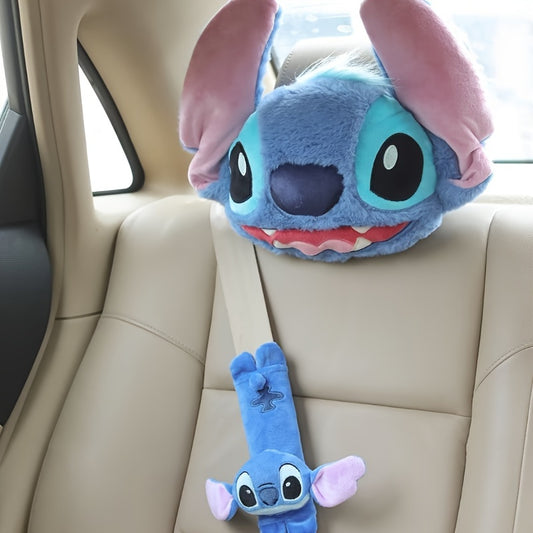 Juego de 2 Almohadas de Reposacabezas y Funda de Cinturón de Stitch – Cojín Suave y Adorable para Coche
